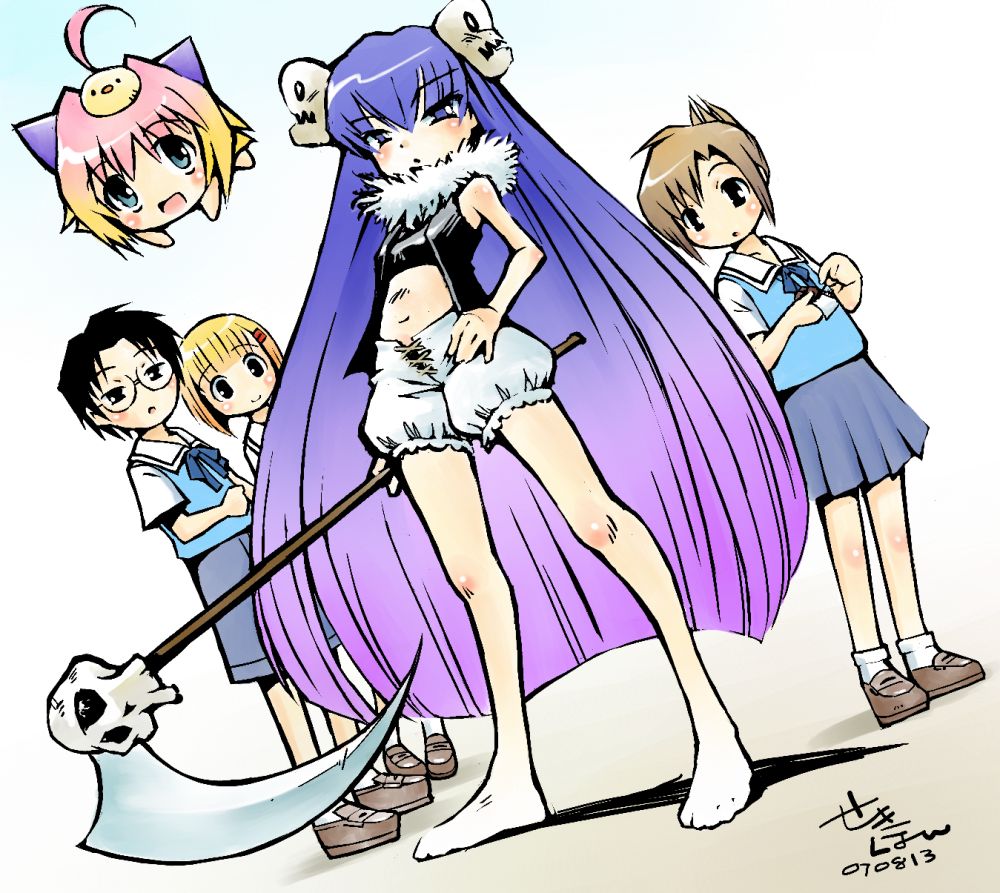 1boy, 4girls, ahoge, barefoot, big_hair, bloomers, gradient_hair, guchuko