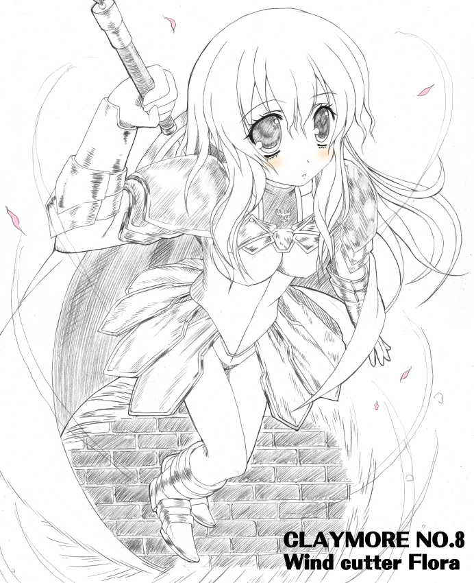 1girl, arm_up, atera, blush, claymore, claymore_(sword), flora_(claymore), foreshortening