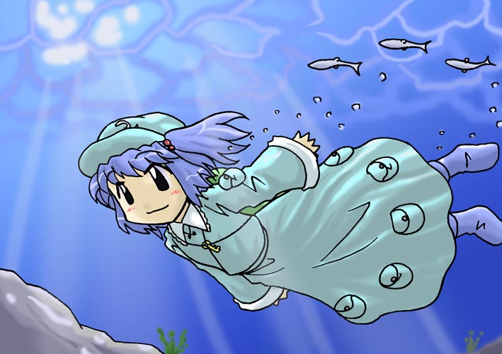 1girl, backpack, bag, black_eyes, blue_hair, blue_skirt, blush, boots, female, fish, hair_bobbles, hair_ornament, hat, horten, kawashiro_nitori, key, long_sleeves, rubber_boots, skirt, solo, sunlight, swimming, tagme, touhou, two_side_up, underwater