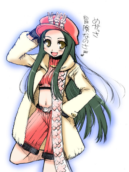 1girl, coat, fang, female, gradient, gradient_background, green_hair, hat
