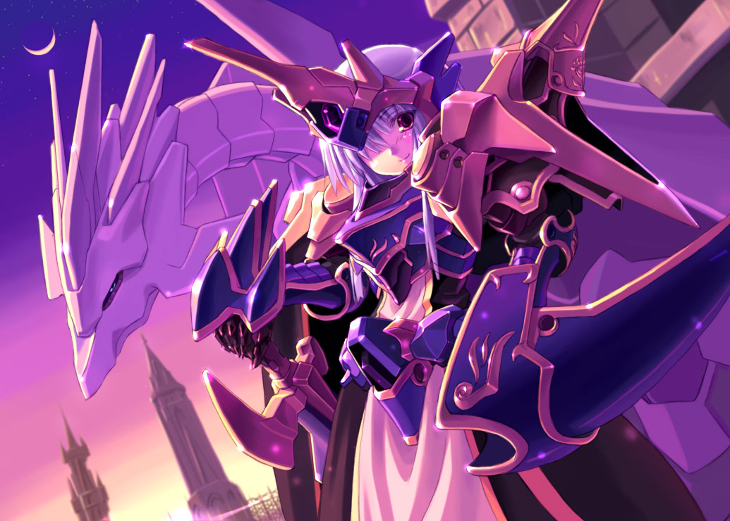 armor, dragon, fantasy, moon, musumi_renga, original, purple_hair, red_eyes