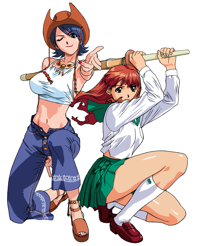 2girls, asuka_(viper), black_eyes, blue_hair, breasts, brown_hair, cowboy_hat, crop_top