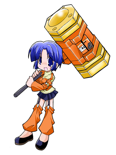 90s, :d, banpresto, blue_hair, chibi, goldion_hammer, hammer, kusuha_mizuha