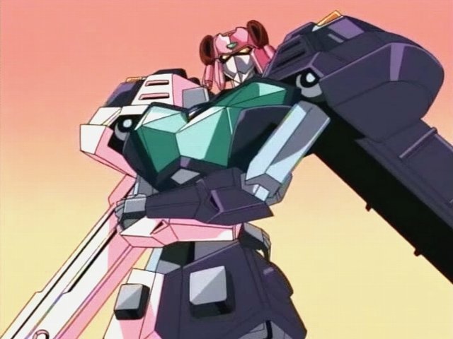 breast_press, breasts, crossed_arms, mecha, no_humans, screencap, simple_background, solo