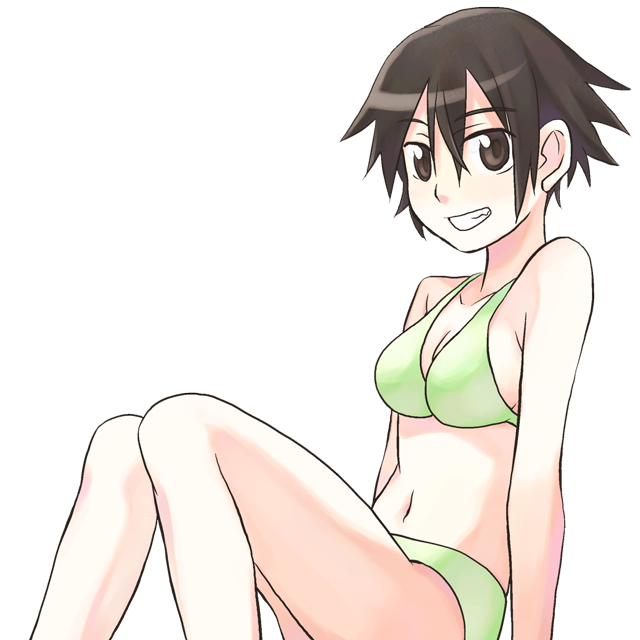 1girl, :d, bikini, black_background, breasts, brown_eyes, brown_hair, cleavage