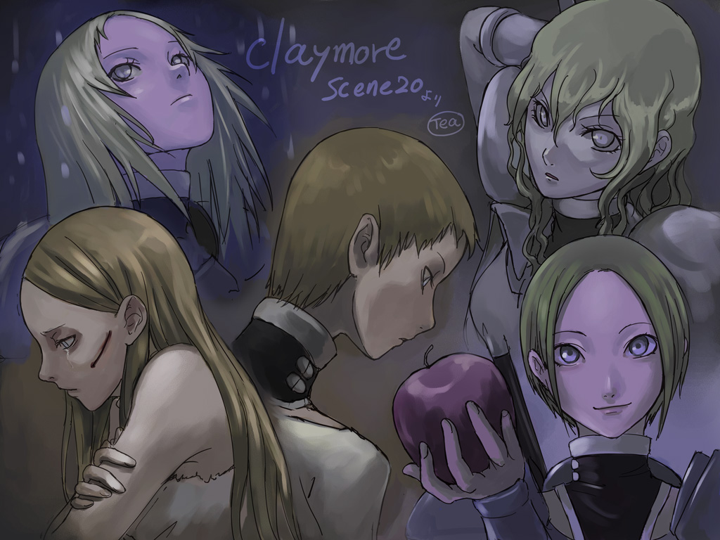 5girls, apple, blonde_hair, blood, blue_eyes, brown_hair, claymore, deneve