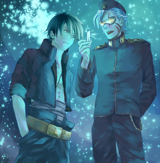 2boys, aqua, belt, boota, furayu_(flayu), garlock_simon, hat, injury