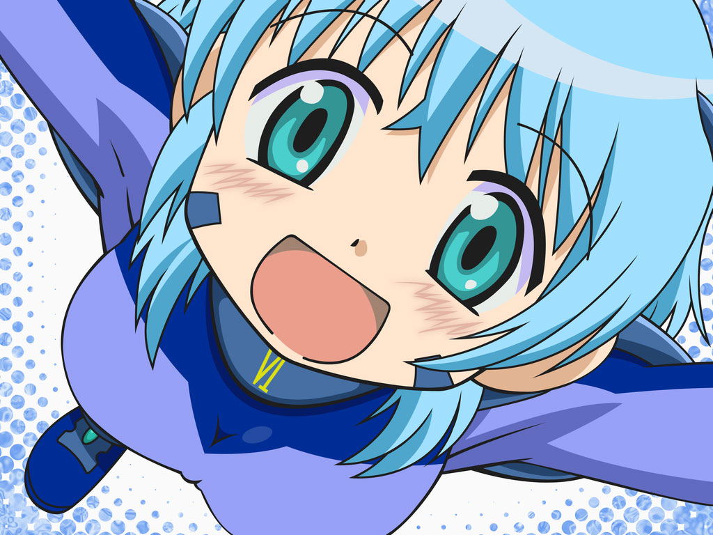1girl, blue_hair, blush, bodysuit, facial_mark, from_above, lyrical_nanoha, mahou_shoujo_lyrical_nanoha