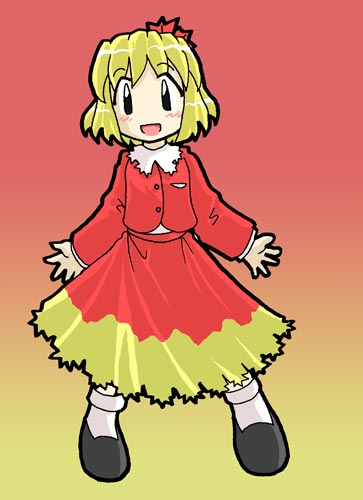 1girl, aki_shizuha, blonde_hair, dress, female, hair_ornament, horten, leaf, leaf_hair_ornament, leaf_on_head, lowres, object_on_head, red_dress, short_hair, solo, touhou, yellow_eyes