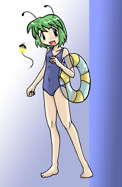 1girl, antennae, female, firefly, green_hair, horten, innertube, insect