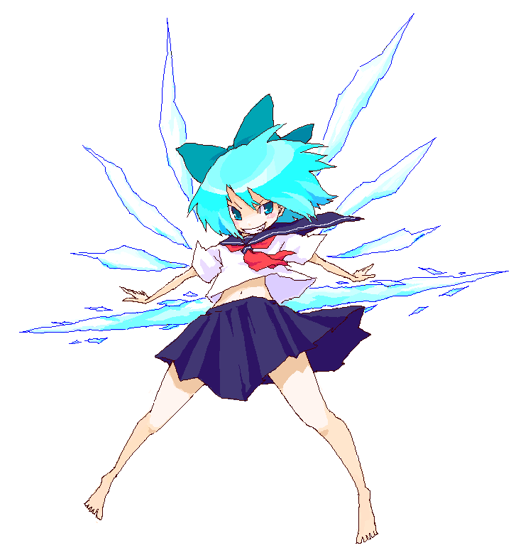 1girl, alternate_costume, barefoot, bow, cirno, female, grin, midriff