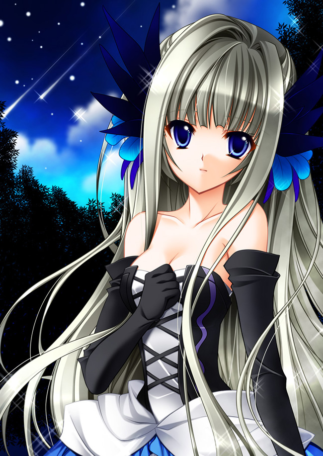 1girl, bare_shoulders, blue_eyes, breasts, cleavage, corset, dress, elbow_gloves