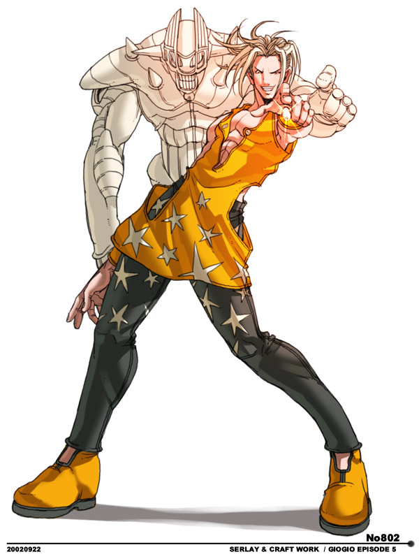 blonde_hair, falcoon, jojo_no_kimyou_na_bouken, kraftwerk_(stand), male_focus, pants, pointing, sale_(jojo)