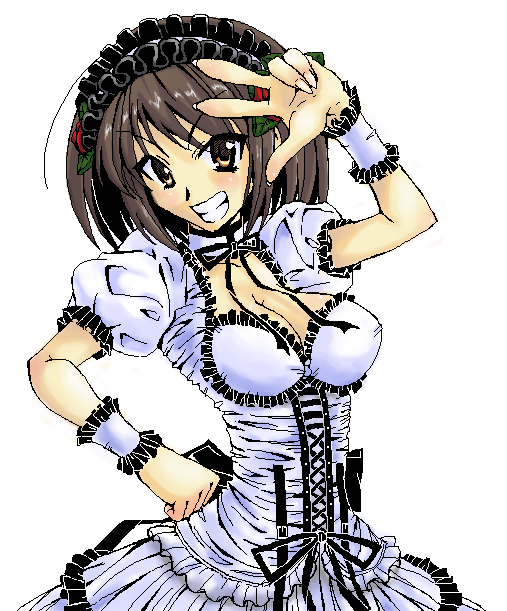 1girl, breasts, brown_hair, cleavage, maskman, medium_breasts, short_hair, solo
