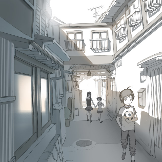 1boy, 2girls, aerial, ahoge, ball, building, monochrome, multiple_girls