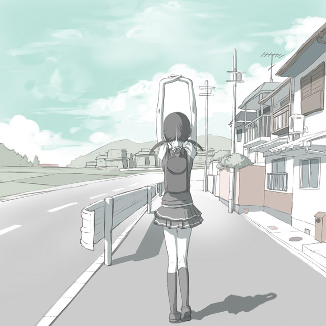 1girl, aerial, air_conditioner, arms_up, backpack, bag, building, clouds