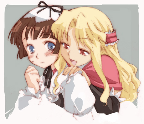 2girls, blonde_hair, blue_eyes, blush, brown_hair, coyote_ragtime_show, january_(coyote_ragtime_show), long_hair