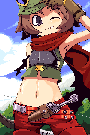 1girl, armpits, atlus, brown_hair, flat_chest, gloves, grin, hat