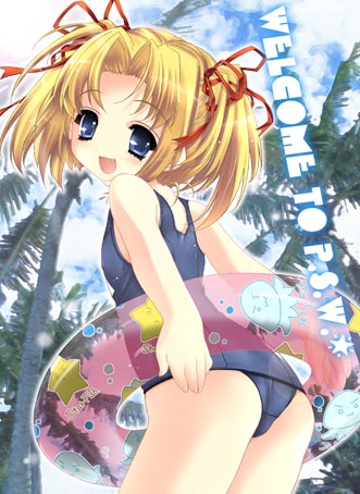 1girl, arms_behind_back, ass, blonde_hair, blue_eyes, child, clouds, flat_chest