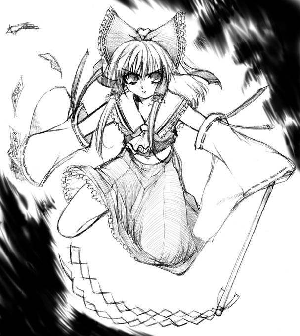 1girl, detached_sleeves, female, gohei, hakurei_reimu, long_hair, monochrome, ofuda