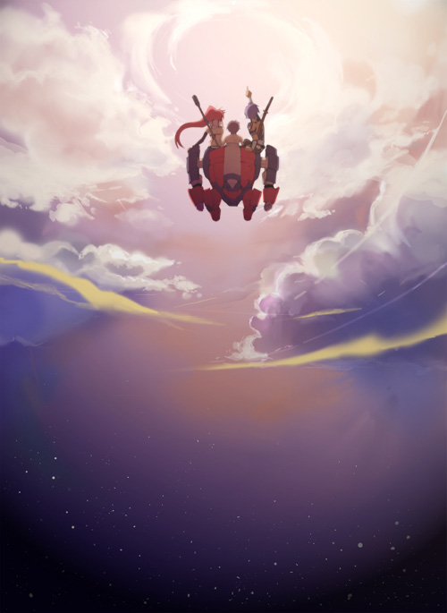 1girl, 2boys, choco_(moyasi), clouds, flying, kamina, lagann, multiple_boys, pointing, redhead, sakura_noel, simon, sky, tengen_toppa_gurren_lagann, yoko_littner