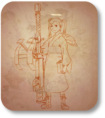 00s, 1girl, aaru_sentou_shuudan, boots, gun, haibane_renmei, hair_bobbles, hair_ornament, hakama, japanese_clothes, kimono, meiji_schoolgirl_uniform, midori, midori_(haibane), monochrome, orange_(color), rounded_corners, solo, twintails, weapon, wings