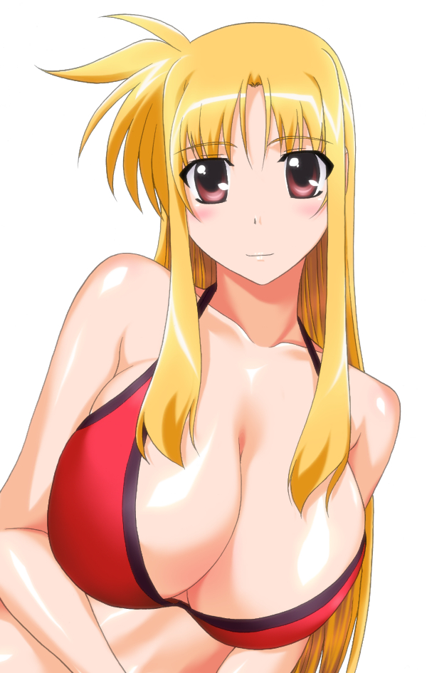 blonde_hair, blush, breasts, cleavage, fate_testarossa, huge_breasts, long_hair, mahou_shoujo_lyrical_nanoha, mahou_shoujo_lyrical_nanoha_strikers, red_eyes, smile, swimsuit, yuuki1103, yuuki_(pixiv107834)