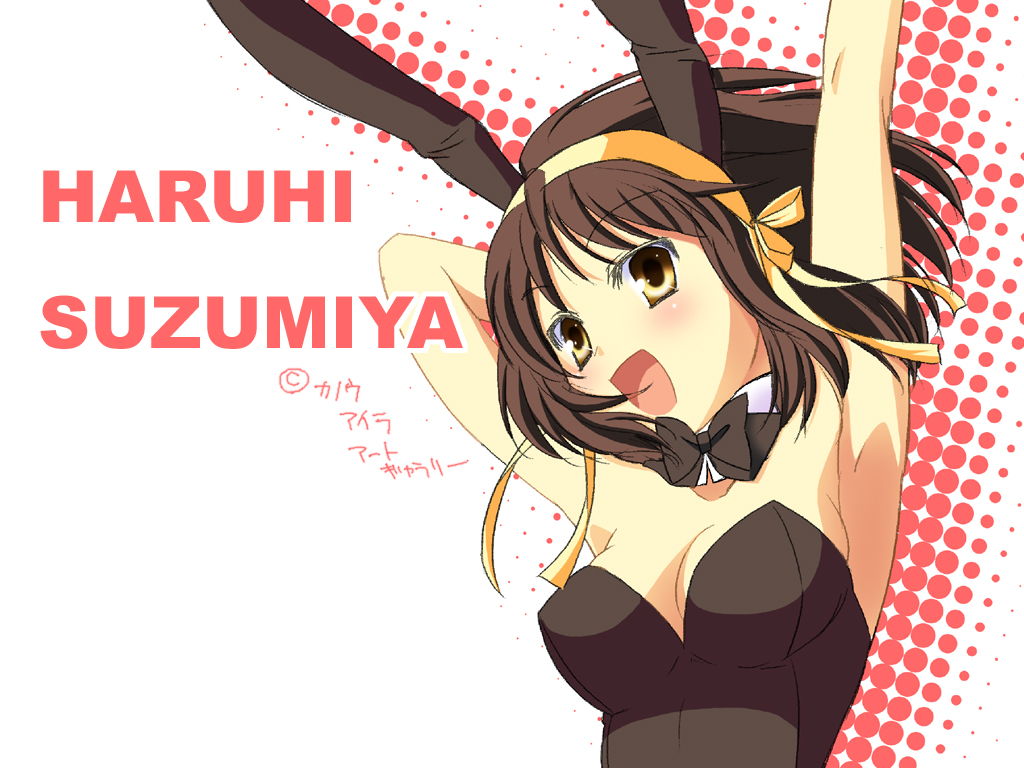 animal_ears, brown_hair, bunnysuit, rabbit_ears, short_hair, suzumiya_haruhi, suzumiya_haruhi_no_yuuutsu, tenka_taihei