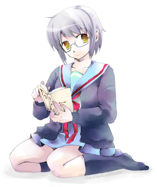 1girl, book, cardigan, grey_hair, kazuha_(artist), kazuha_(pinktips.info), nagato_yuki, school_uniform, serafuku, solo, suzumiya_haruhi_no_yuuutsu, yellow_eyes