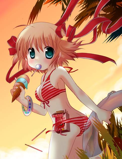 bracelet, candy, food, green_eyes, hair_ribbon, ice_cream, innertube, jewelry