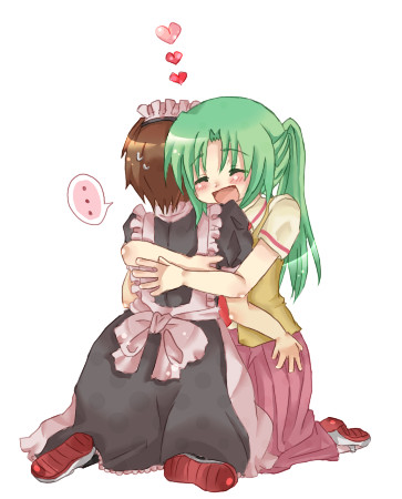 1boy, 1girl, couple, crossdressinging, green_hair, hetero, higurashi_no_naku_koro_ni, hug