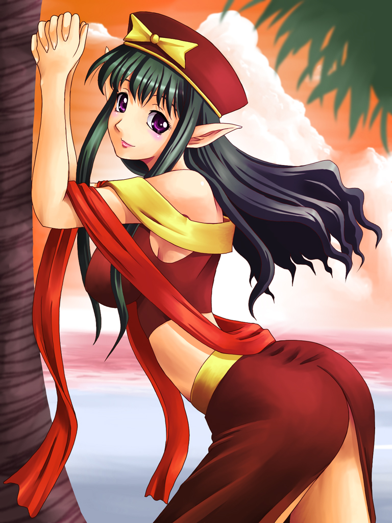 1girl, ass, beach, bent_over, beret, blue_eyes, breasts, female, from_side, green_hair, hat, looking_at_viewer, looking_to_the_side, lydia_(quiz_magic_academy), nature, outdoors, palm_tree, pointy_ears, quiz_magic_academy, sky, solo, sunlight, sunset, tree, yaso_shigeru