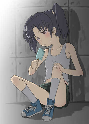 amasawa_yuuko, brown_hair, dennou_coil, glasses, hinata_nonoka, lowres, nonoka, popsicle