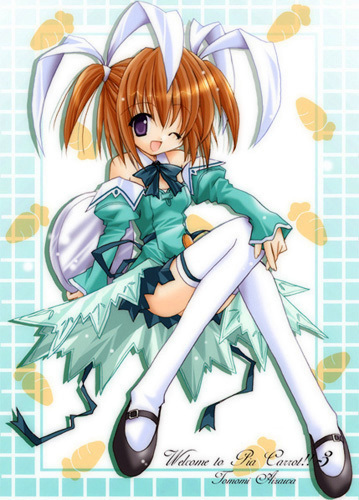 bare_shoulders, brown_hair, carrot, detached_sleeves, happy, lowres, pia_carrot, pia_carrot_(series)