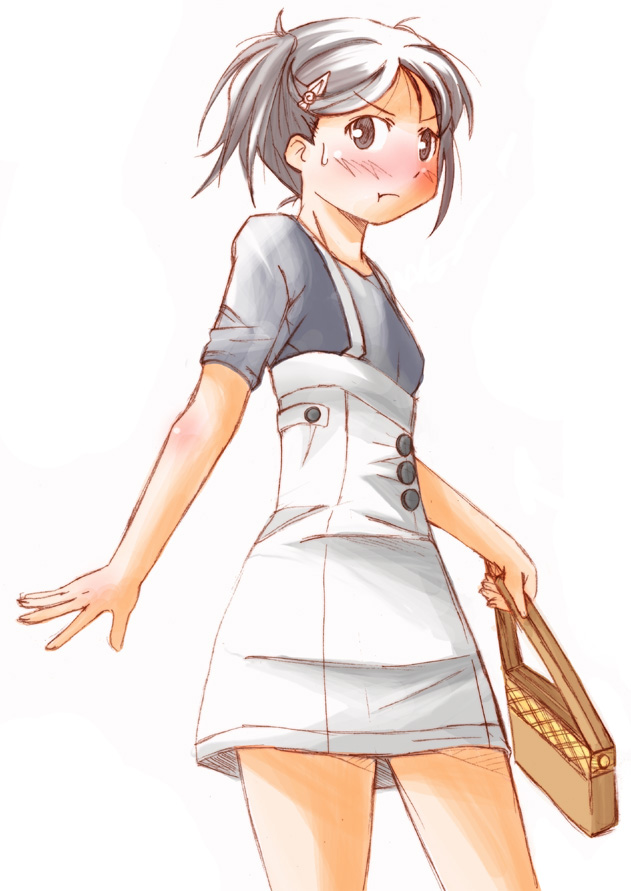 1girl, bag, blush, dress, grey_eyes, hair_ornament, hairclip, handbag