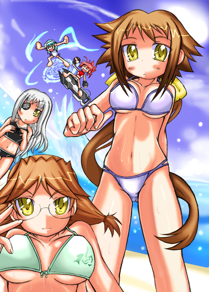 5girls, beach, bikini, cinque_(nanoha), dieci_(nanoha), eyepatch, glasses, lyrical_nanoha