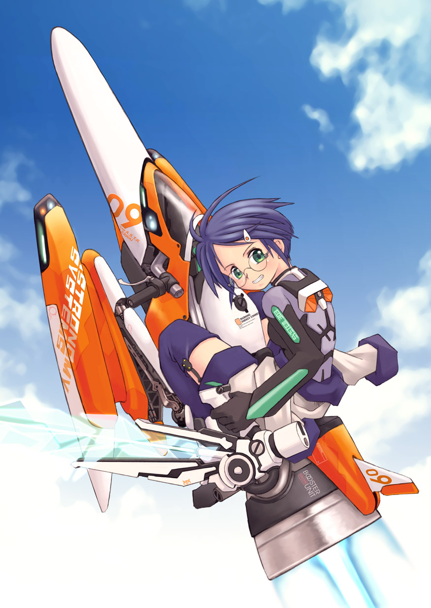 1girl, 5th_coin, blue_hair, clouds, glasses, gloves, green_eyes, highres
