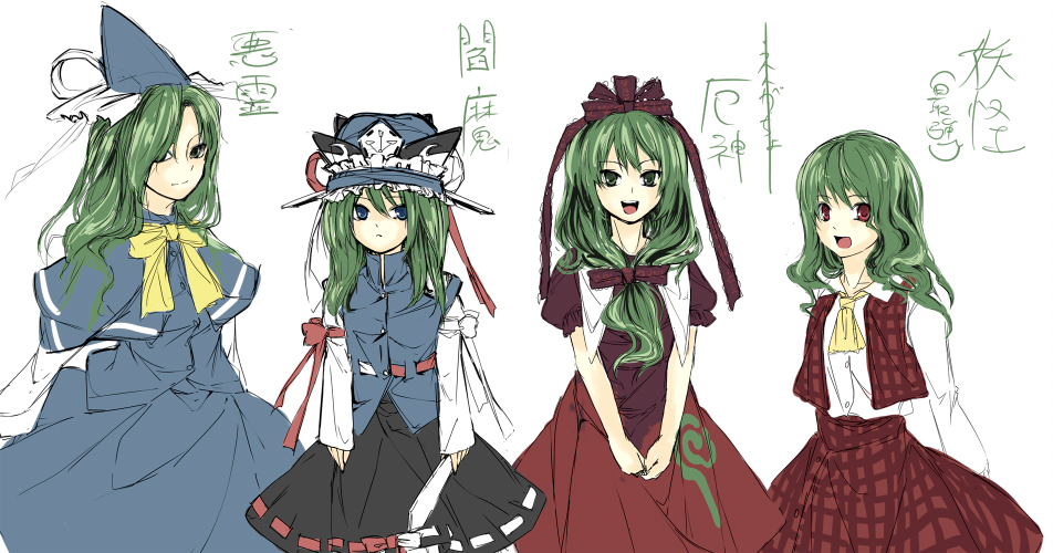 4girls, ascot, blouse, blue_eyes, bow, color_connection, dress, female