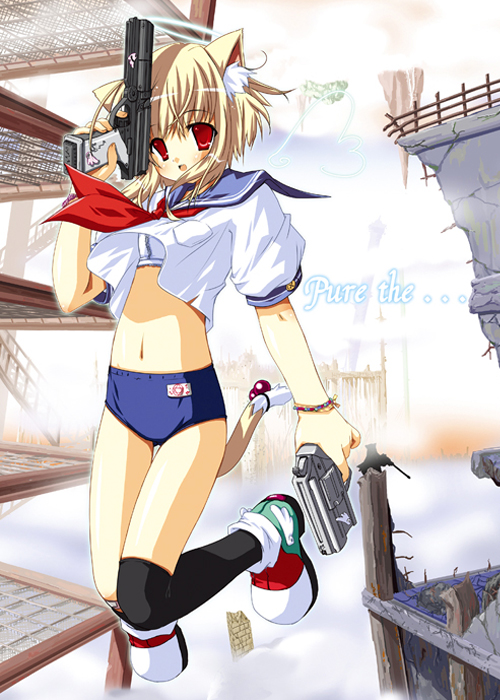 1girl, animal_ears, blush, buruma, cat_ears, dual_wielding, footwear, gun