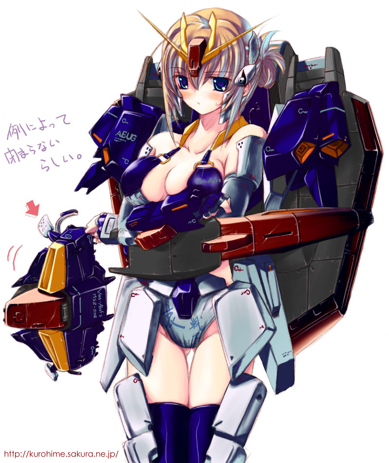 1girl, blonde_hair, blue_eyes, blush, breasts, cleavage, gundam, kousaka_yami
