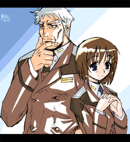 00s, 1boy, 1girl, 2007, genya_nakajima, hair_ornament, lowres, lyrical_nanoha