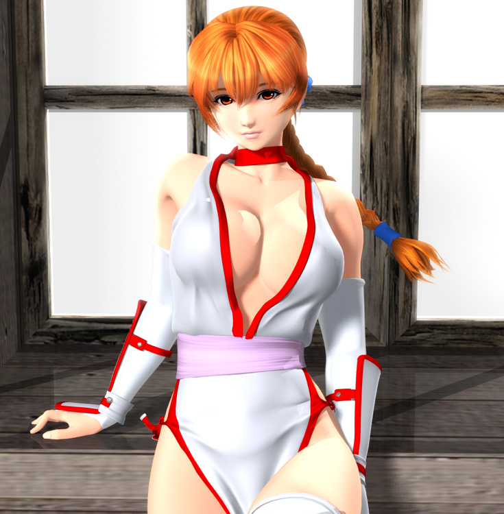 1girl, 3d, against_wall, breasts, choker, cleavage, collarbone, cowboy_shot, dead_or_alive, detached_sleeves, japanese_clothes, kasumi_(doa), kimono, long_hair, long_sleeves, looking_at_viewer, low-tied_long_hair, name_(nahopa!), pelvic_curtain, ponytail, sash, solo, standing, tecmo, thigh-highs, tied_hair
