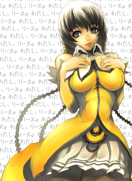 1girl, black_eyes, black_hair, braid, breast_suppress, kikurage_(plastic_people), long_hair, magna_carta