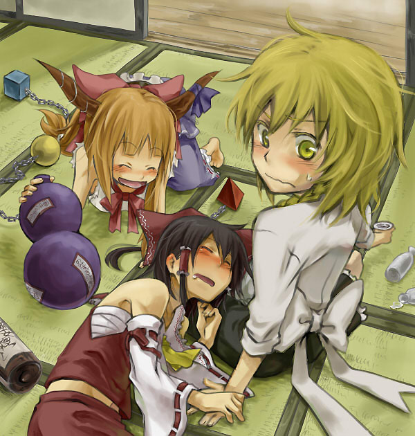 blonde_hair, blush, bottle, chain, chains, cup, detached_sleeves, drunk, gourd, hakurei_reimu, hand_holding, holding_hands, horns, ibuki_suika, japanese_clothes, kirisame_marisa, kuroda_(artist), kuroda_(pixiv260283), lap_pillow, miko, sake, saliva, sarashi, sleeping, sweatdrop, touhou