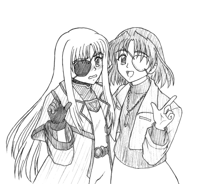 2girls, bodysuit, cinque_(nanoha), coat, eyepatch, gloves, jewelry, laguna_granscenic, lyrical_nanoha, mahou_shoujo_lyrical_nanoha, mahou_shoujo_lyrical_nanoha_strikers, monochrome, multiple_girls, necklace, number, numbers_(nanoha), sketch