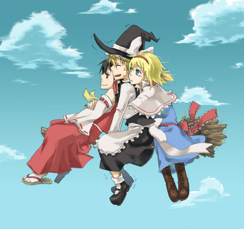 alice_margatroid, black_hair, blonde_hair, blue_eyes, broom, broom_riding, cloud, clouds