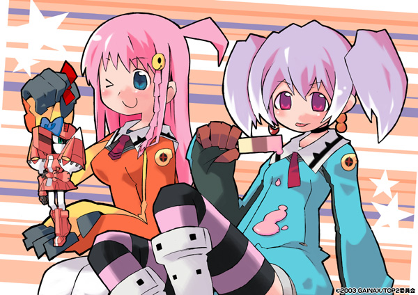 +_+, 2girls, ahoge, blue_eyes, braid, breasts, chiko, food