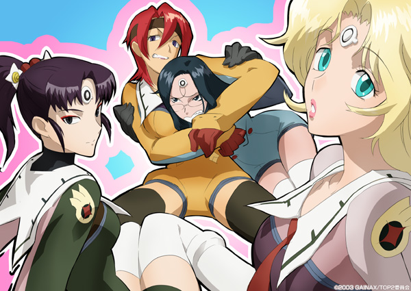 4girls, aqua_eyes, arm_grab, bangs, blonde_hair, blue_eyes, blue_hair, choke_hold, citron_limone, citrone_rimone, clenched_teeth, dated, eyeshadow, facial_mark, forehead_mark, gainaxtop, glasses, gloves, hair_between_eyes, hair_ornament, headband, high_ponytail, leaning, leotard, light_smile, lipstick, long_hair, long_sleeves, looking_at_viewer, looking_back, makeup, multiple_girls, necktie, nhan_nuoc_cham, nyan_nok_cham, outline, pacica_peska_pelcicum, parted_bangs, parted_lips, pashica_pesca_persicum, ponytail, purple_hair, red_eyeshadow, redhead, restrained, rimless_glasses, romper, roux_seung, ruu_soon, sailor_collar, sidelocks, sitting, smile, spread_legs, strangling, teeth, thigh-highs, top_wo_nerae_2!, turtleneck, uniform, wavy_hair, white_legwear, zettai_ryouiki