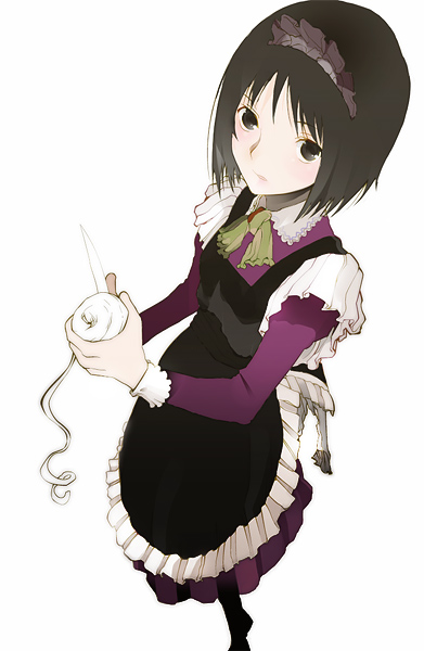 1girl, apple, bob_cut, food, frills, from_above, fruit, holding