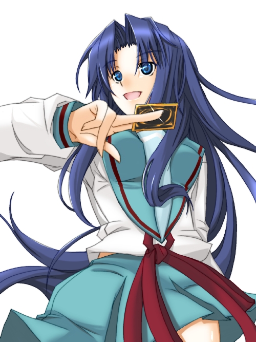 1girl, asakura_ryouko, blue_eyes, blue_hair, breasts, card, crossover, female